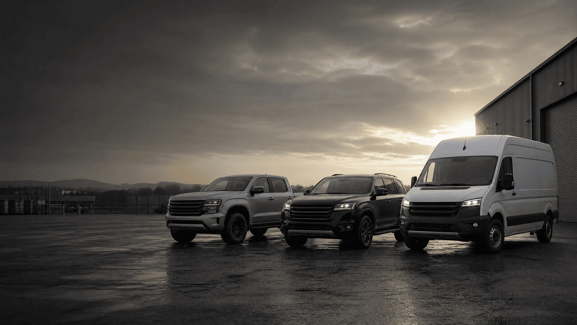 Fleet of white pickup trucks at a South African business park